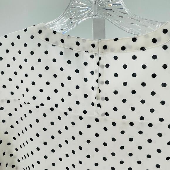 Elle White Black Polka Dot Ruffle Bodice Long Sleeve Sheer Chiffon Blouse M - Picture 4 of 9